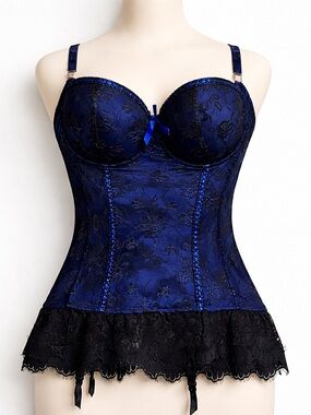 Baci Blue Black Lace Bustier Corset Top Plus Size 3X 4X Garter Lingerie Boudoir